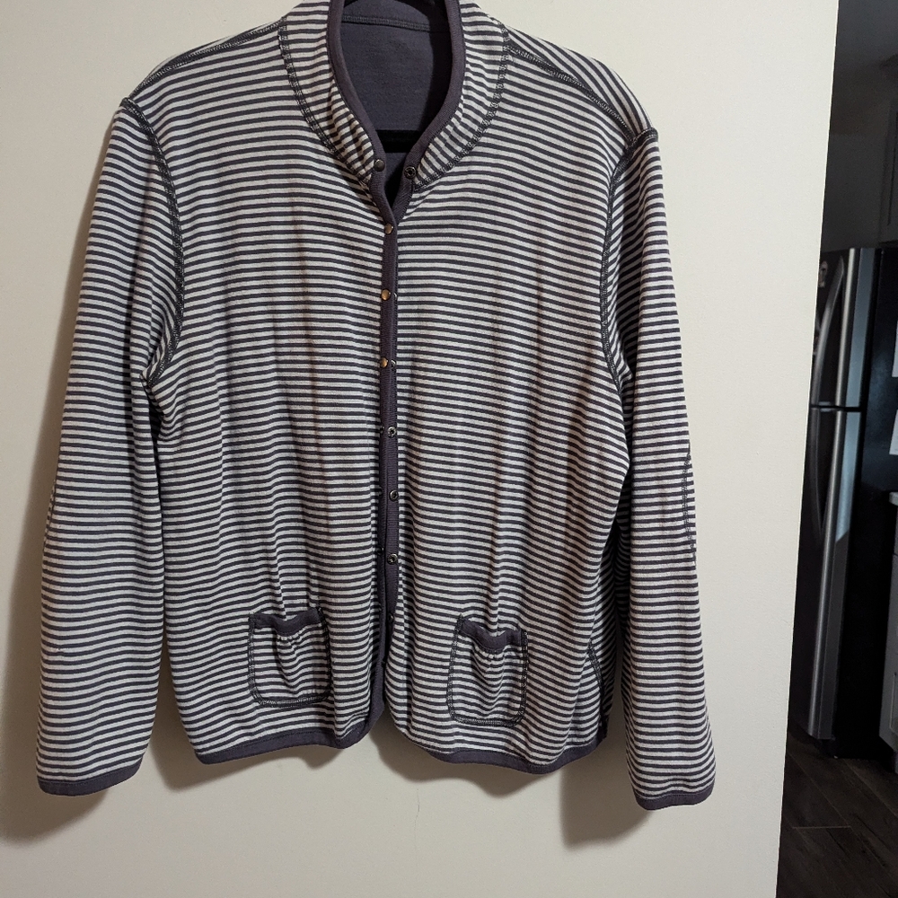 - Orvis reversible cardigan with snap closure. Solid and stripes when re…